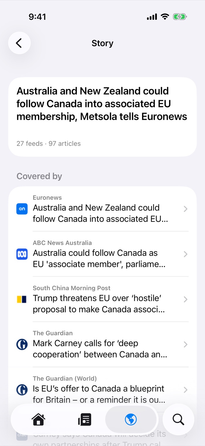 Ferry's Story screen listing every source that covered the same story