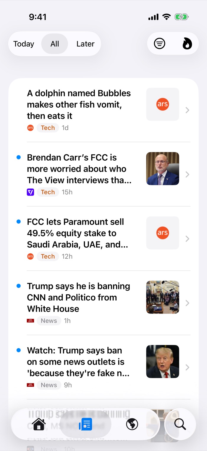 Ferry's article list: your own subscriptions, ranked by how widely each story is covered