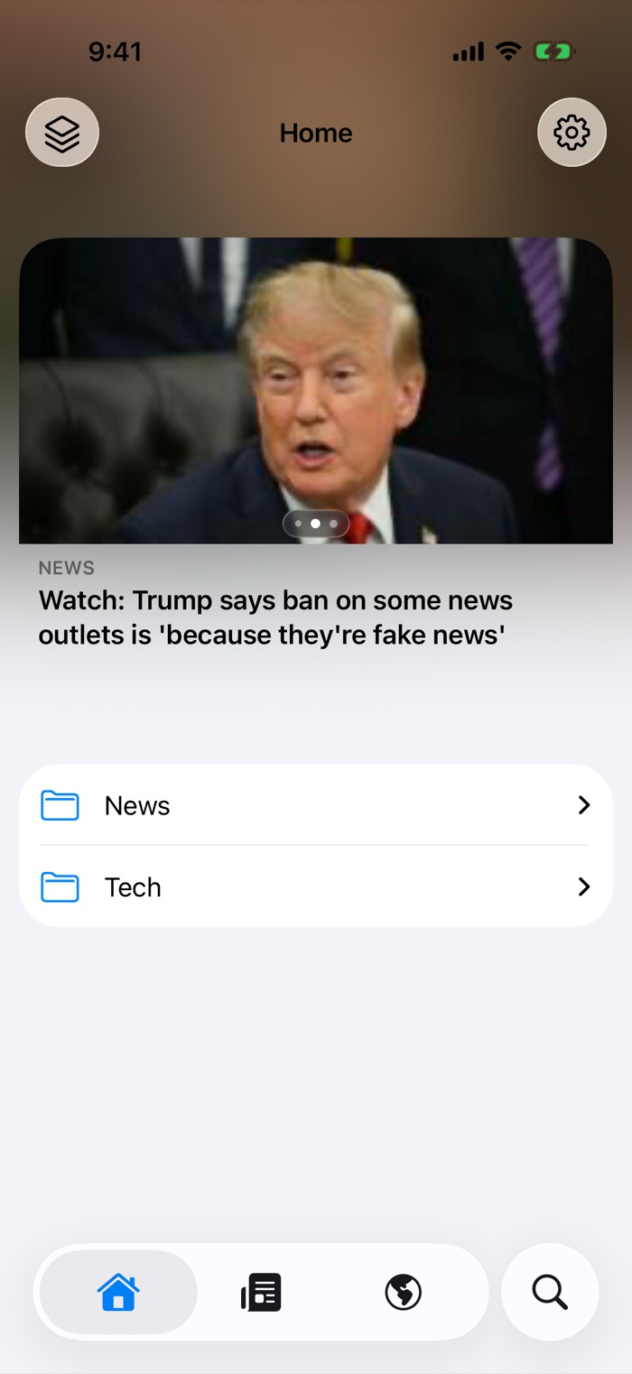 Ferry's home screen, leading with the story worth reading and your folders beneath