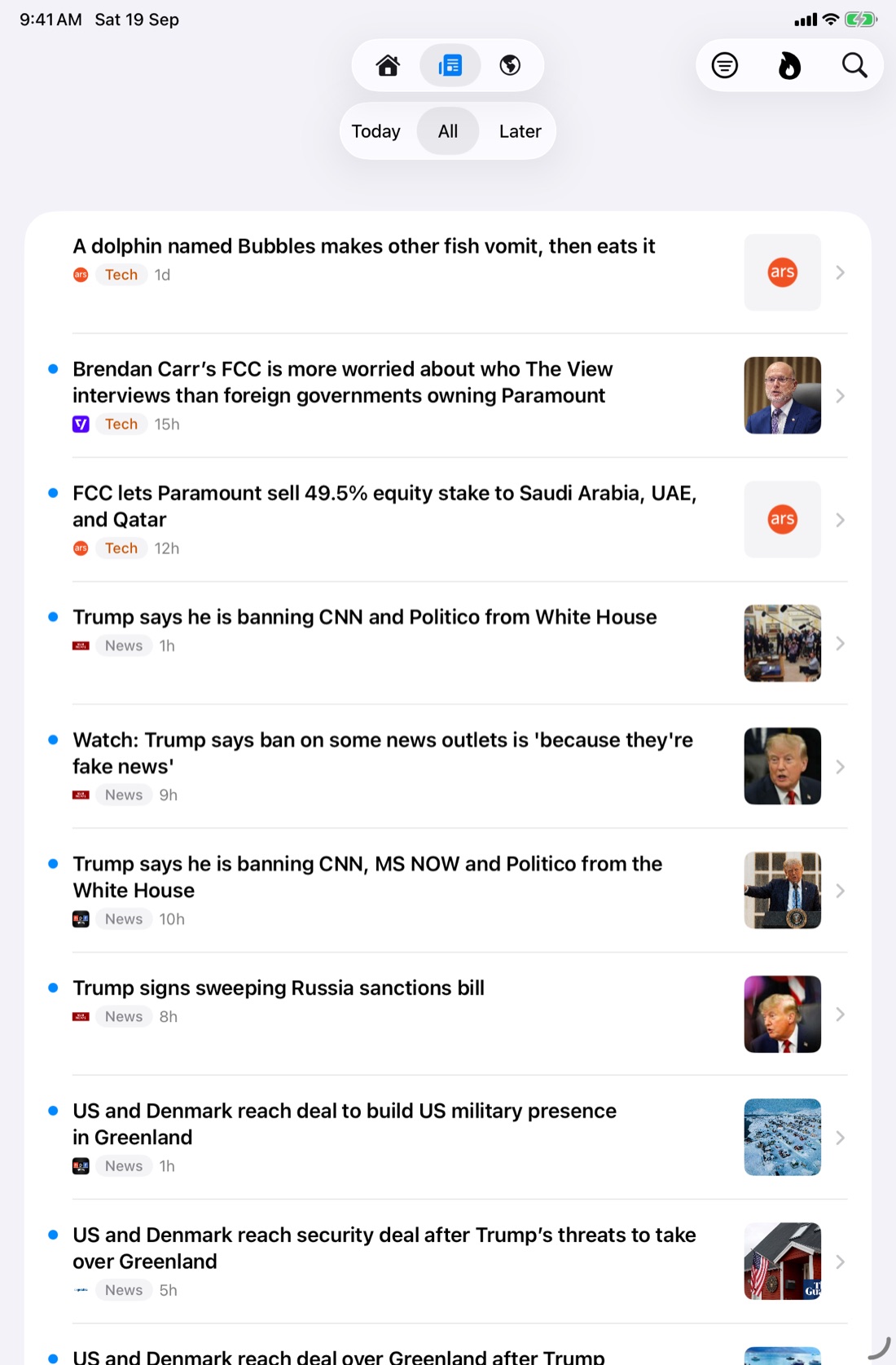 Ferry on iPad: the article list, with the tabs above it and search a tap away