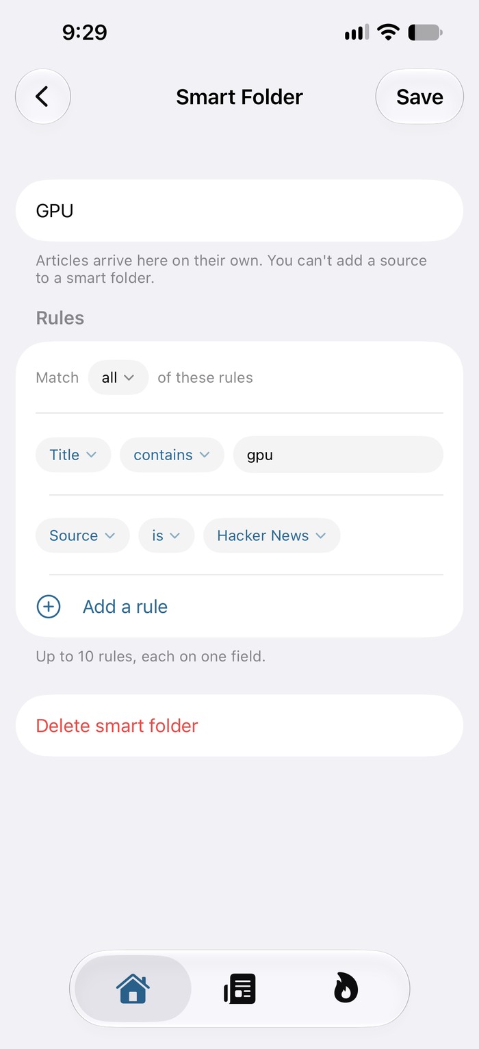 Ferry's smart folder editor: a folder named GPU matching all of two rules — title contains “gpu”, and source is Hacker News