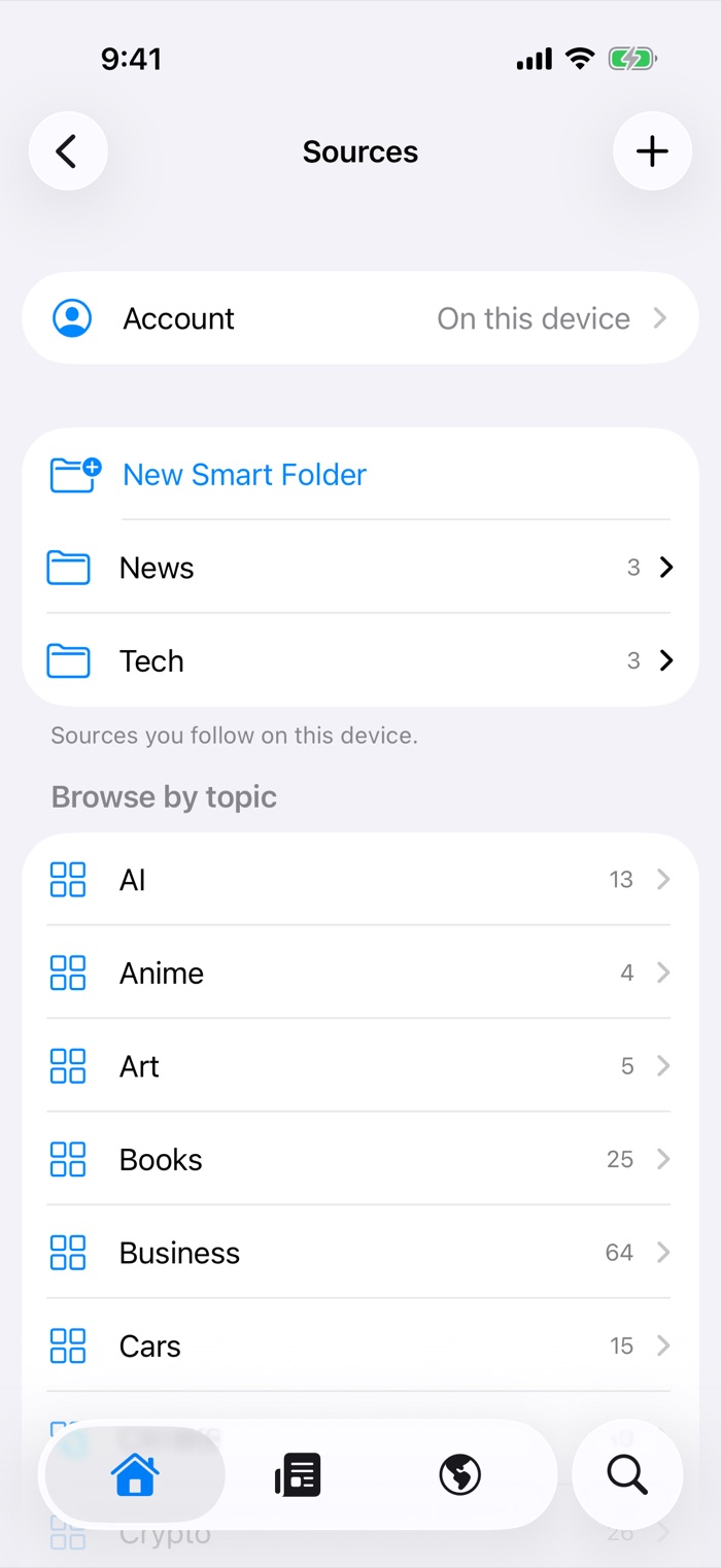 Ferry's Sources screen, with your folders and sources to browse by topic
